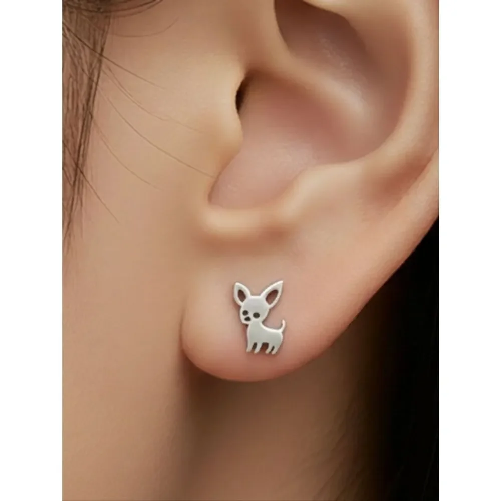 Silver Chihuahua Stud Earrings Tiny Dog Stainless Steel Dainty Pet Mom Novelty